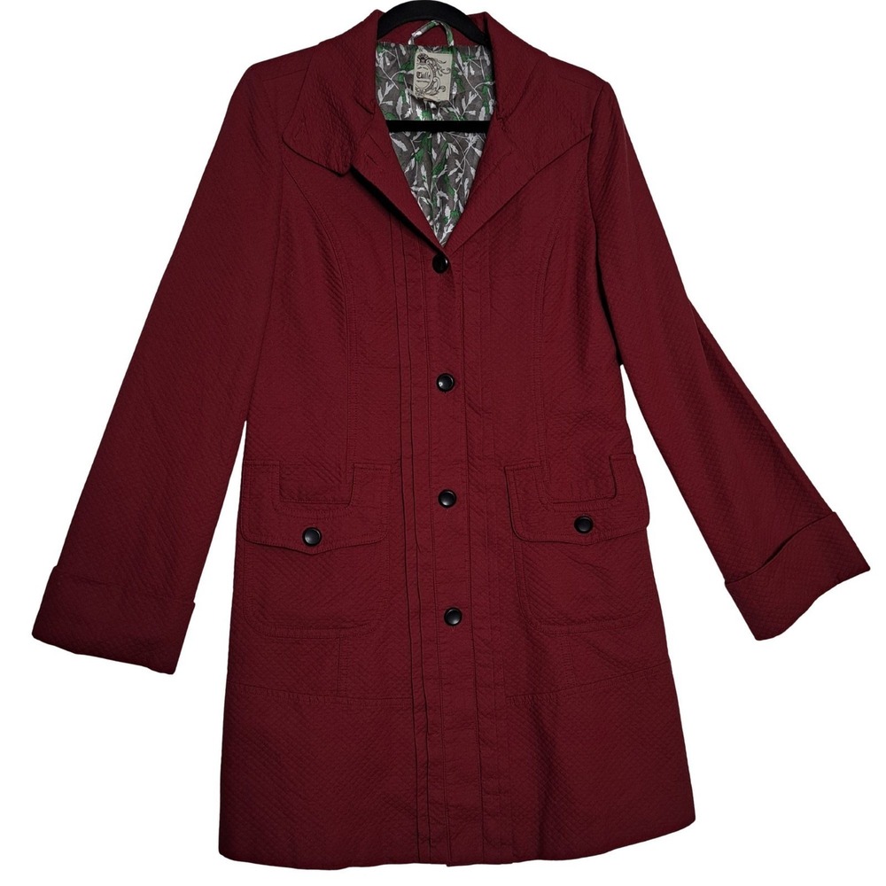 Tulle‎ Womens M Red Quilted Cotton Button Front Trench Coat Botanical Lining